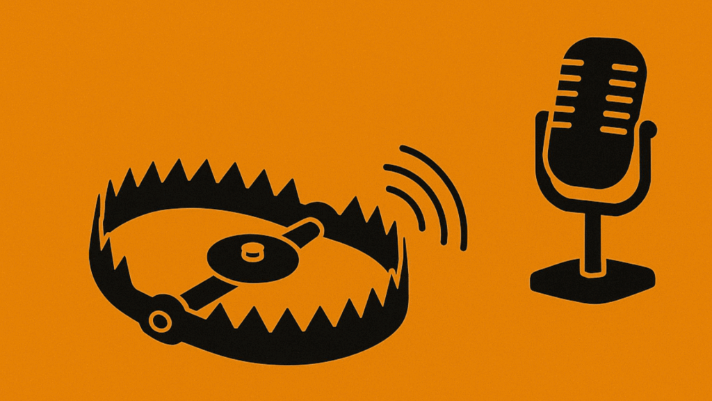 Illustration minimaliste sur fond orange vif montrant un micro vintage noir à côté d’un piège à mâchoires, symbolisant les dangers du changement permanent en entreprise