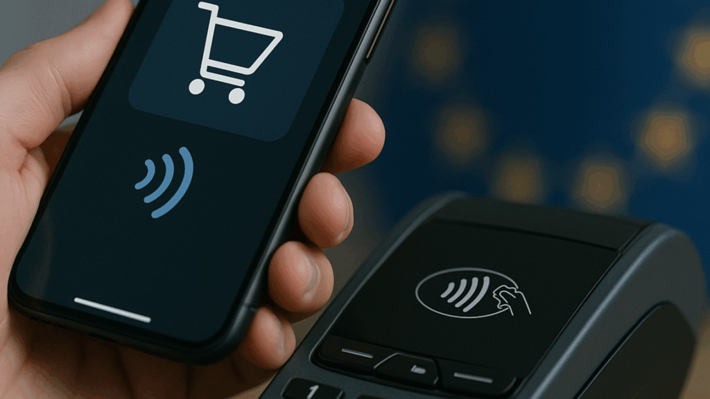Smartphone affichant une application « Boutique Wallet » réalisant un paiement sans contact via NFC sur un terminal de paiement, avec le drapeau de l’Union européenne flouté en arrière-plan.